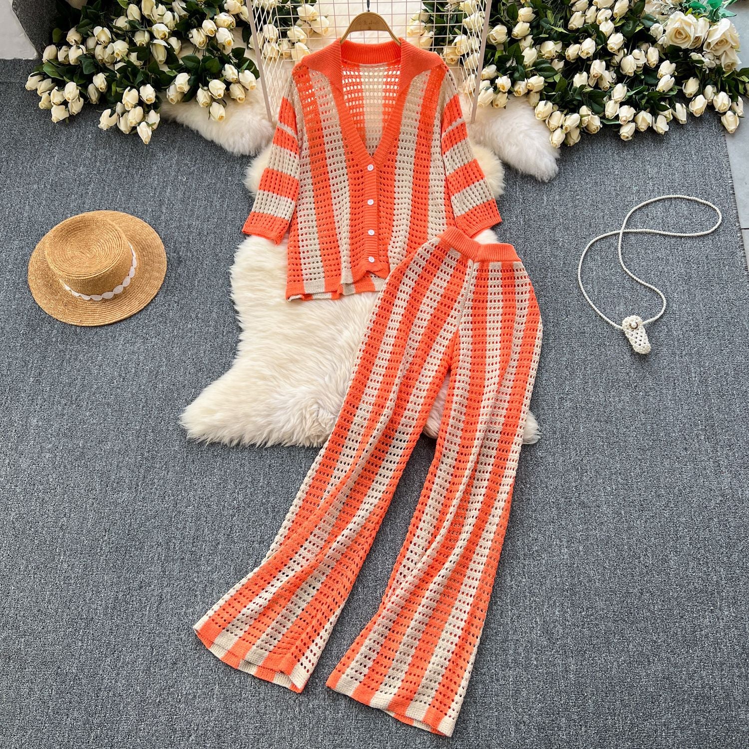 Women's Summer V-Neck Loose Knit Cardigan Top + Wide-Leg Pants Set Color-Block Striped Hollow-Out Outfit 15