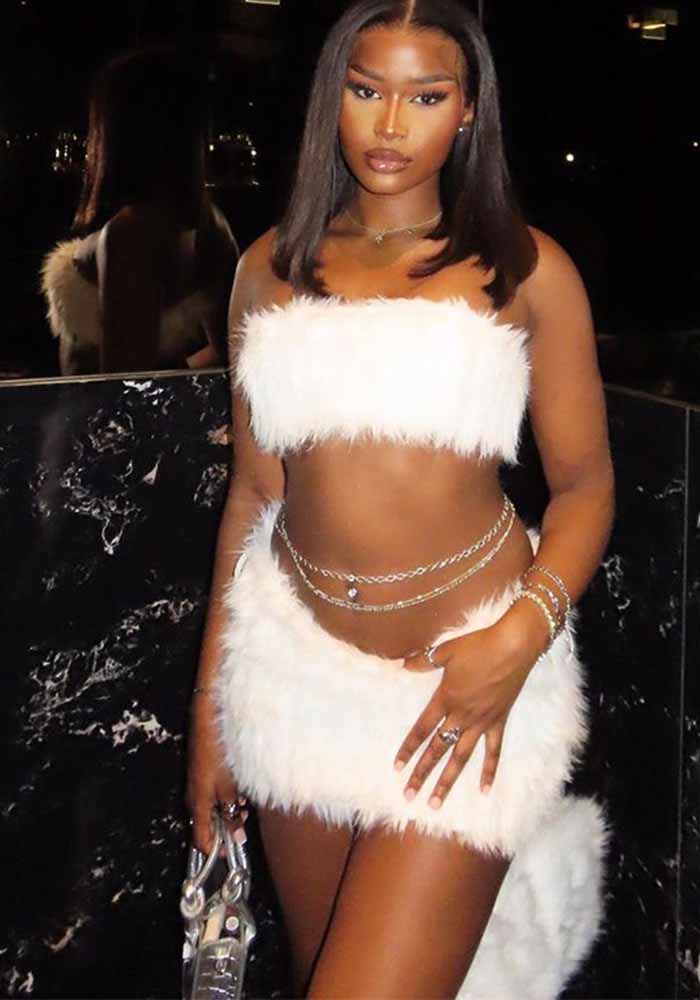 Women sexy furry chest wrap Top and Skirt two-piece set