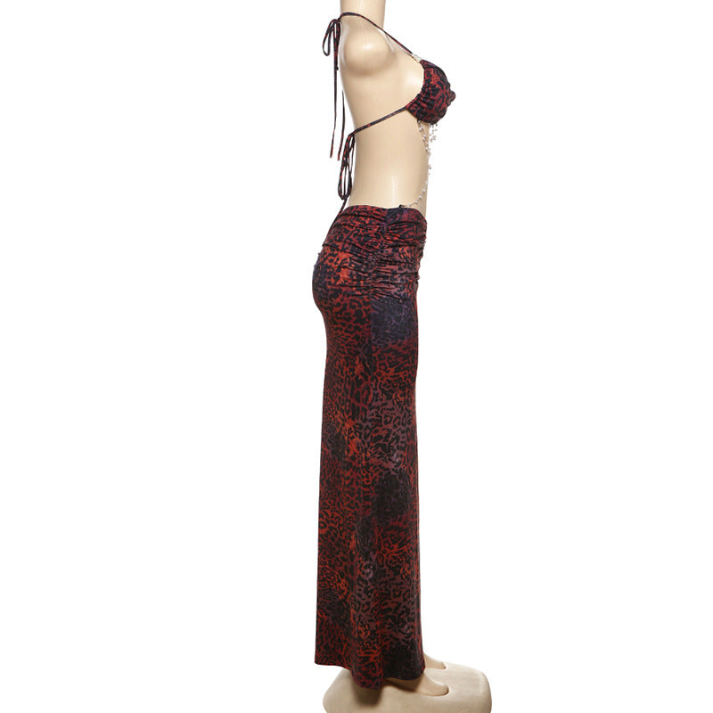 Women's Spring Halter Neck Tie Beaded Chain Slim Low Back Sexy Dress 27