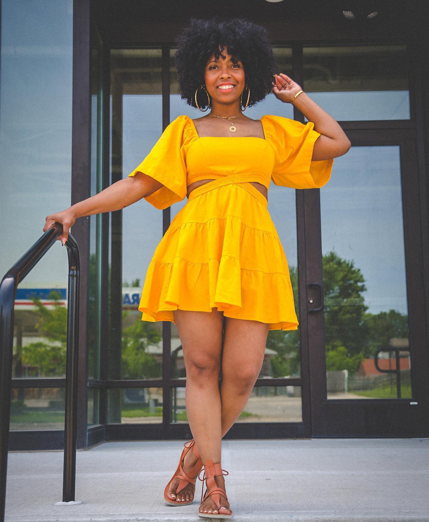 Women Summer Solid Square Neck Cutout Ruffle Dress