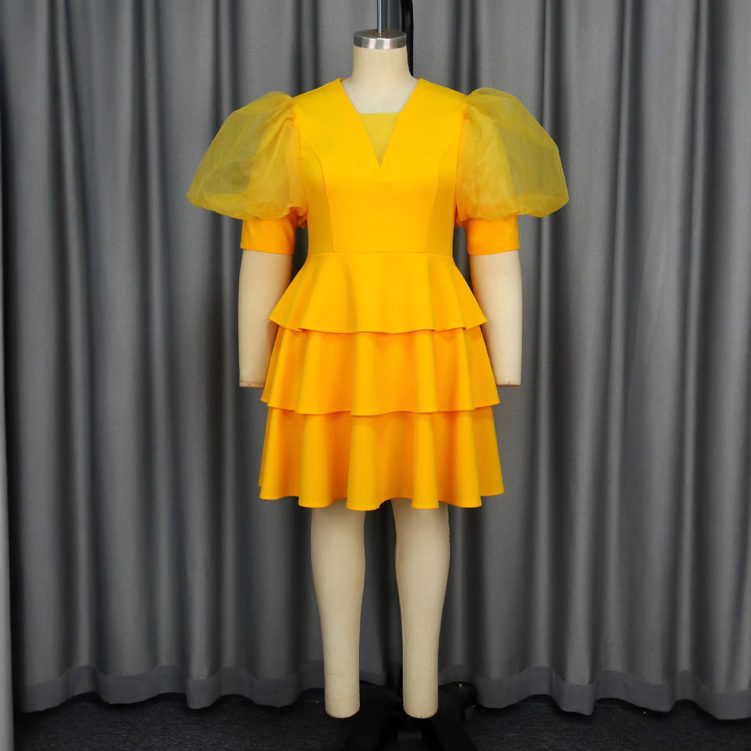 Women puff sleeve cascading ruffles dress