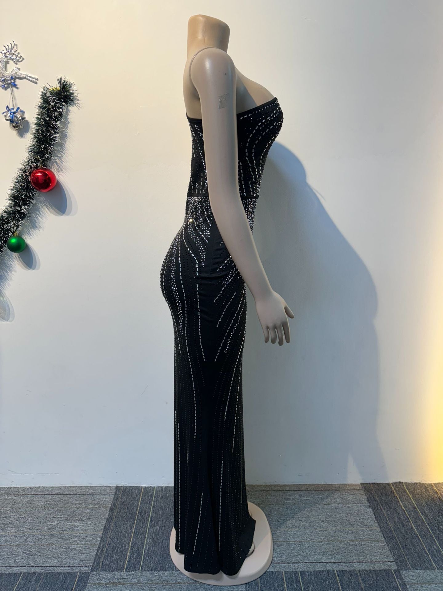 Women Elastic Beaded Sleeveless Slash Shoulder Slit Bodycon Dress 8