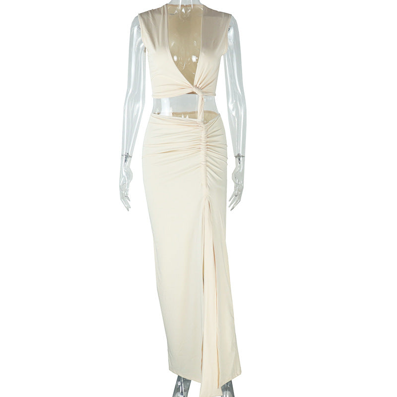 Women's Fashion Solid Color Dress Sleeveless Irregular Slit Dress 8