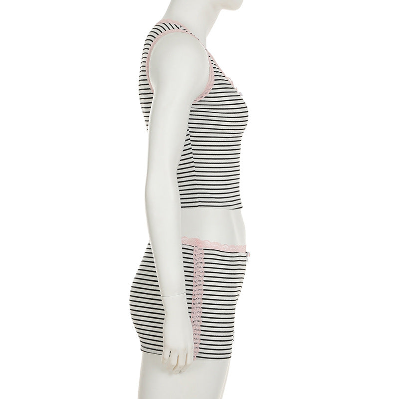 Casual Lace Patchwork Striped U-Neck Vest Low Waist Shorts Women's Two Piece Set 8