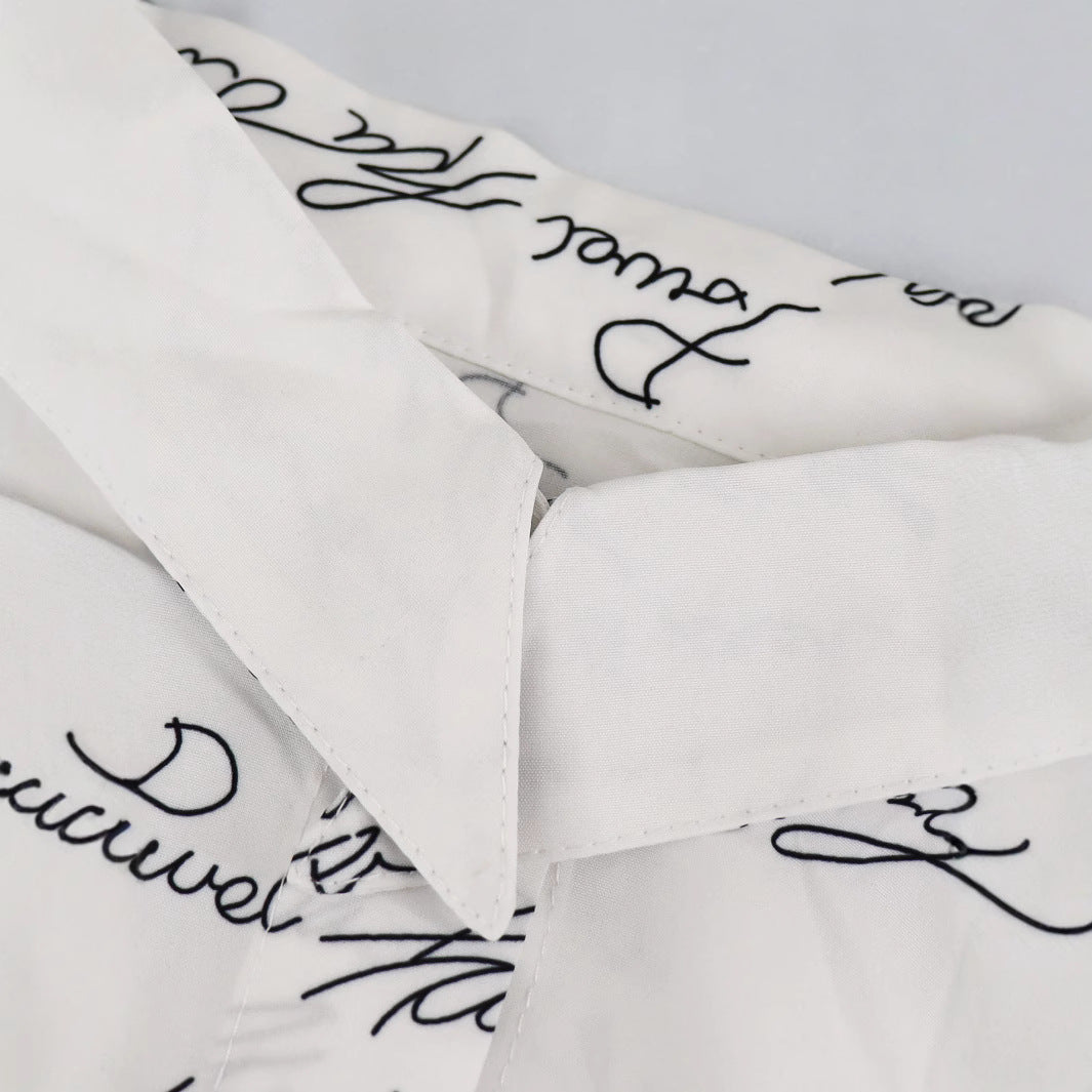 Casual Turndown Collar Slit Long Sleeves Letter Print Long Shirt Dress 5