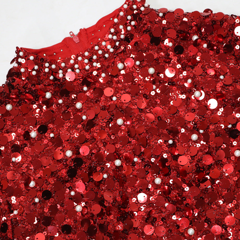 Women Round Neck Sequin Long Sleeve Top Sexy Slit Velvet Skirt Two-piece Set 13