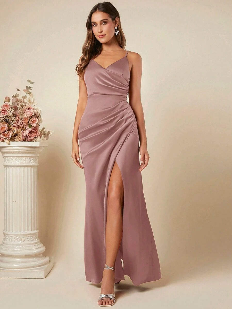 Women's Spring Summer Strap Satin Dress Sexy Pleated Bridesmaid Dress 55