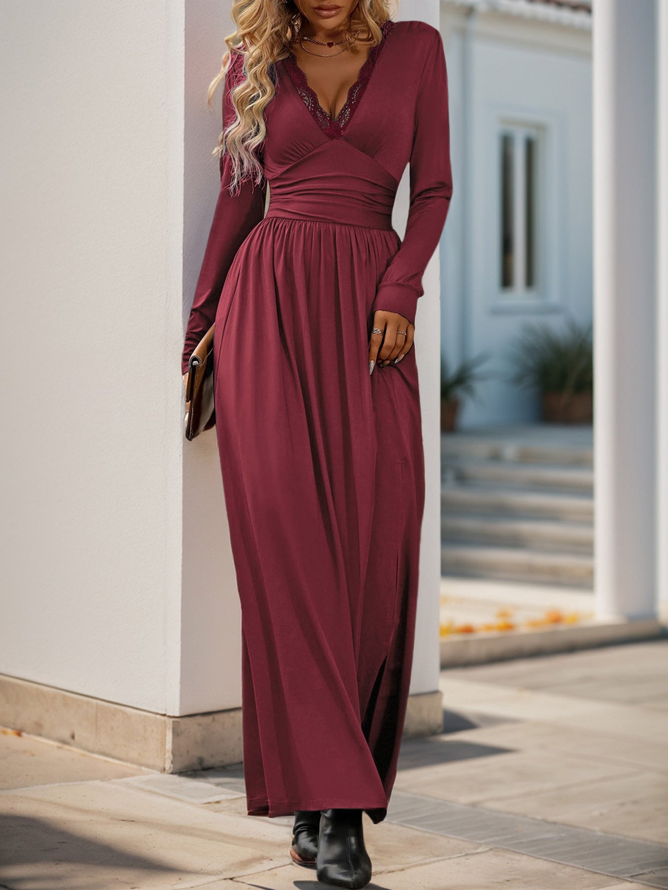 Women autumn solid slit dress 4