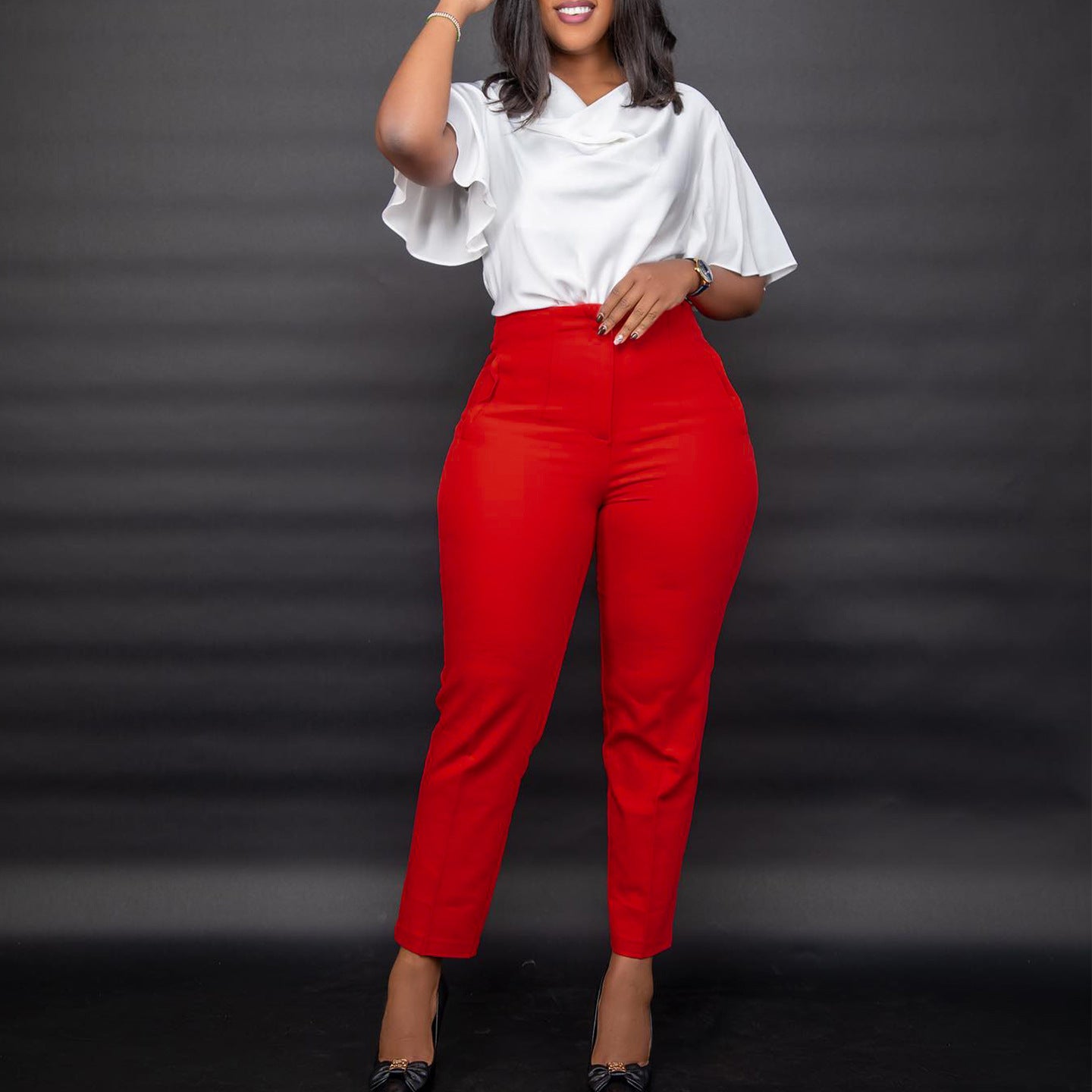 Women's High Waist Tight Fitting Nine Points Career Solid Color Casual Pants 18