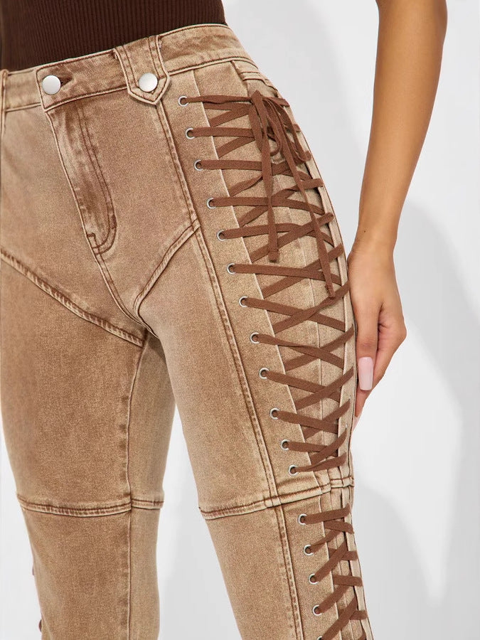 Women Trendy Lace-Up Denim Pants 5