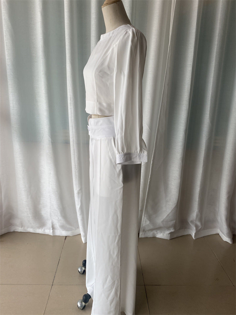 Women autumn long-sleeved Top and high-waisted wide-leg pants two-piece set 12