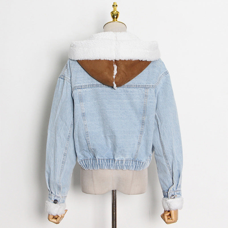 Women Denim Lamb Wool Autumn and Winter Patchwork Style Single Breasted Crop Jacket 11
