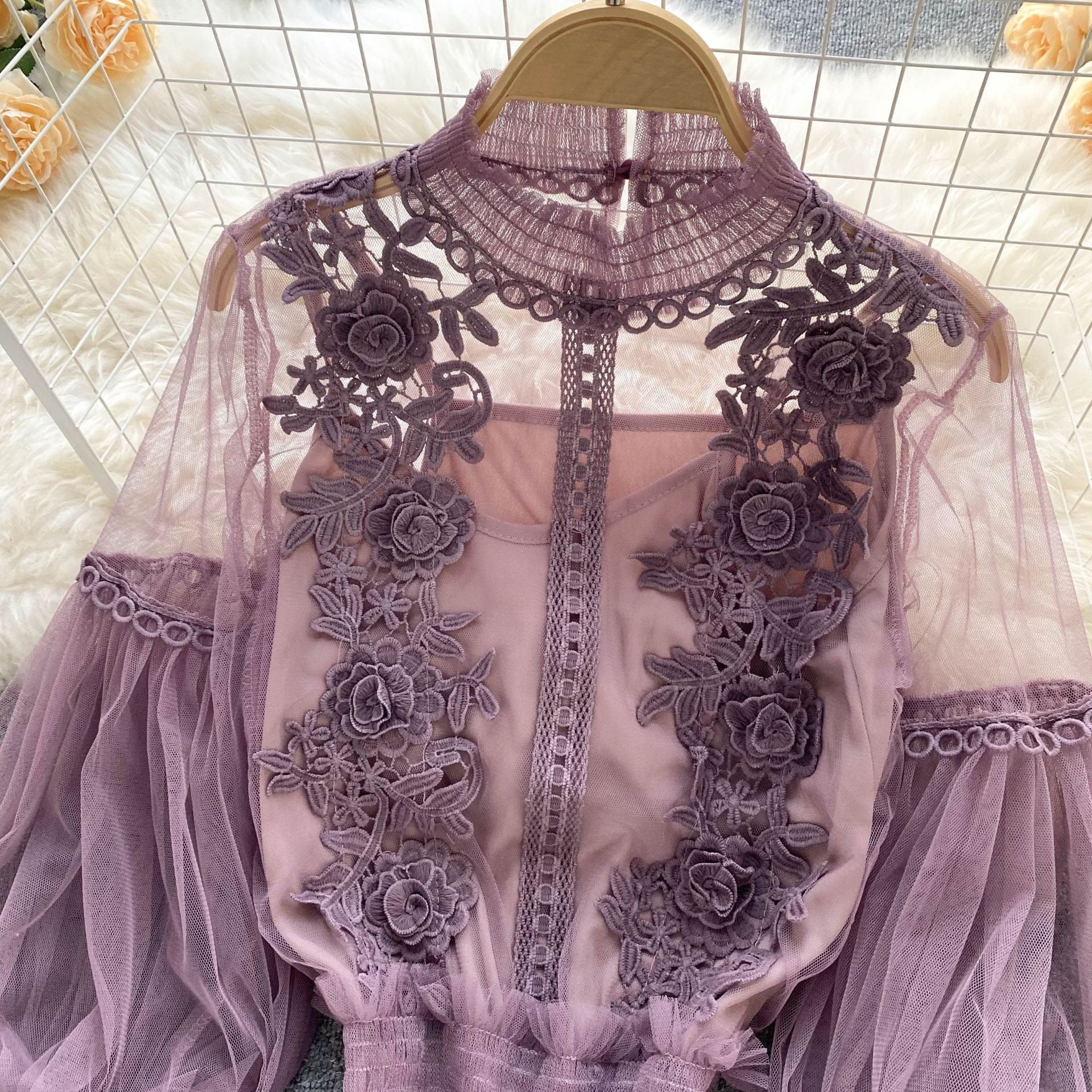 Women Flowers See-Through Mesh Lantern Sleeves lace crop Top 17