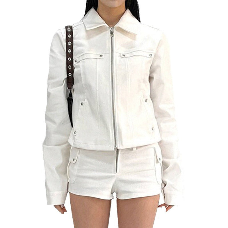 Women Riveted Turndown Collar Zipper Cargo Jacket 7