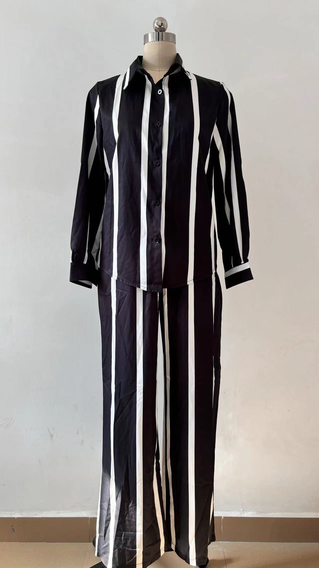 Fashion Casual Women's Spring And Autumn Striped Long Sleeve Shirt Loose Pants Women's Two-Piece Set 21