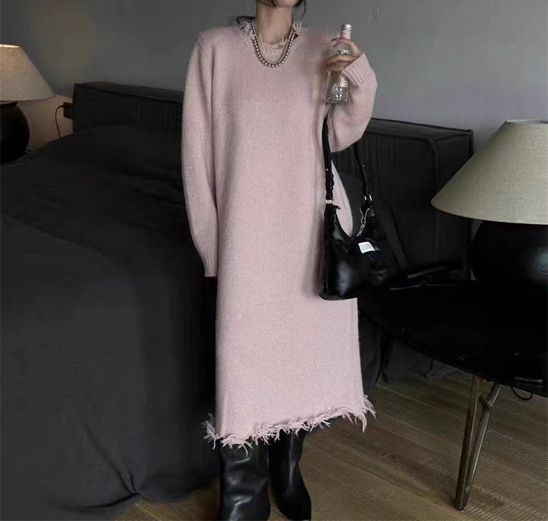 Long Ripped Raw Edge Knitting Dress Women's Autumn And Winter Loose Long Sleeve Basic Shirt 7