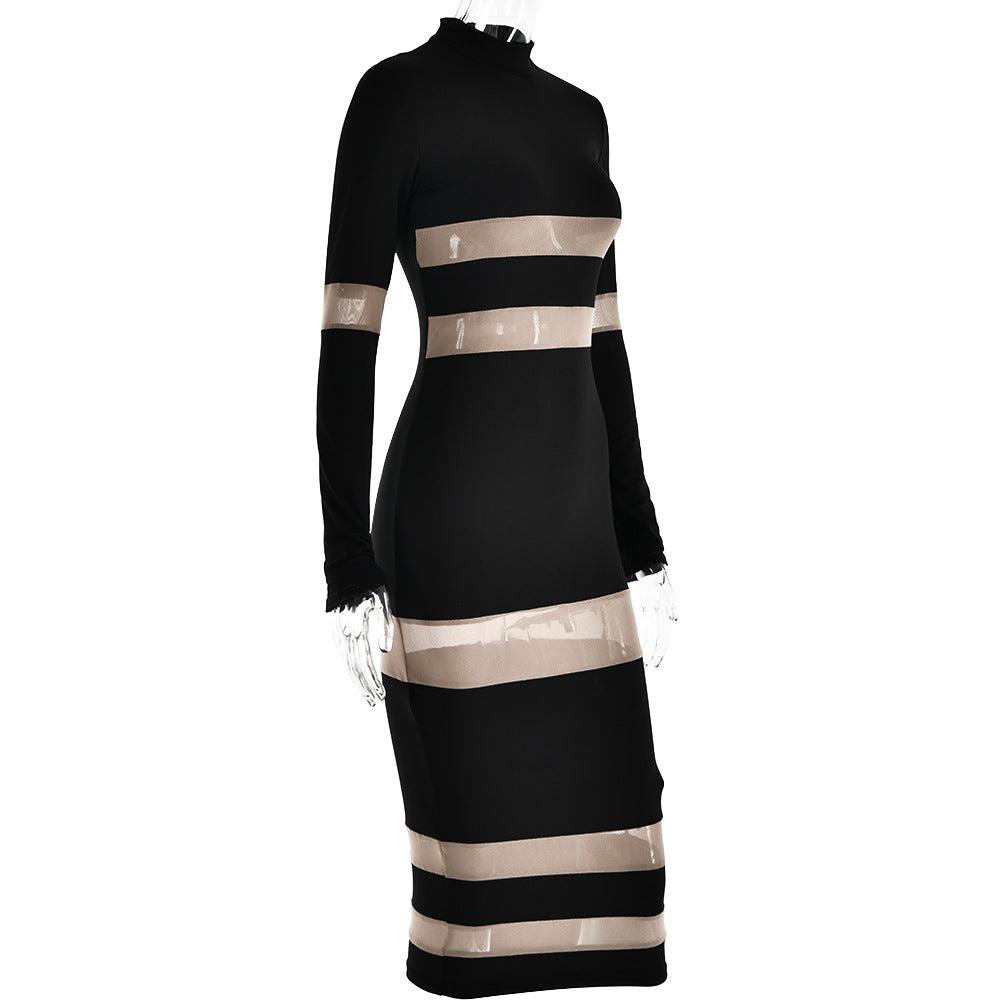 Women Round Neck Patchwork See-Through Long Sleeve Dress 15