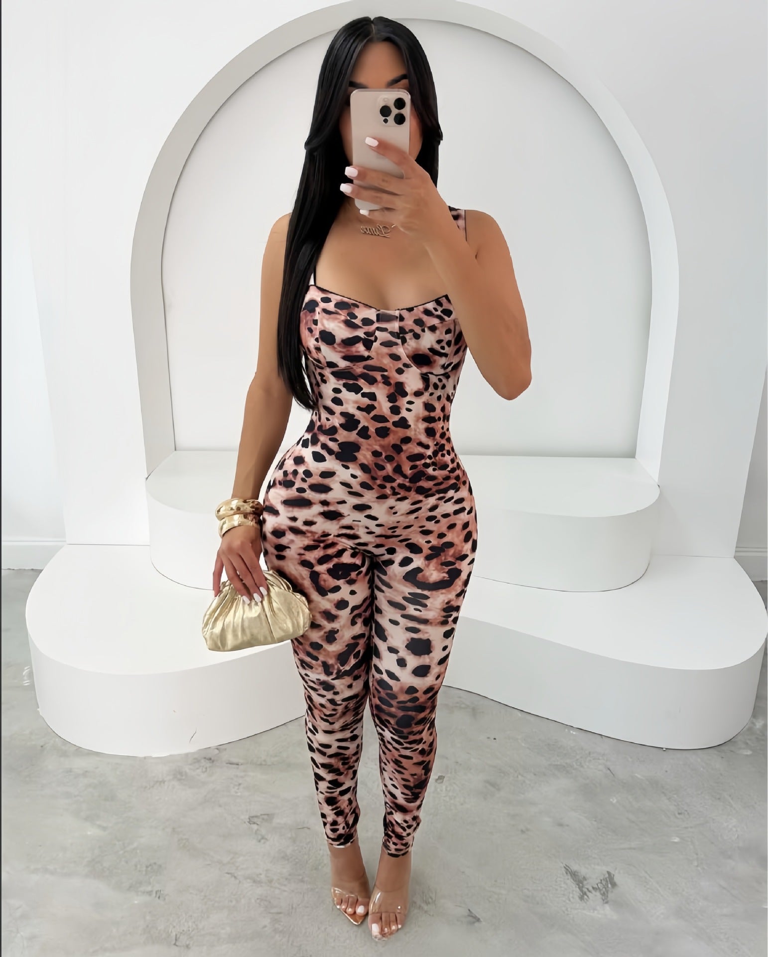 Women’s Sexy Sleeveless Leopard Print Low Back Tight-Fitting Jumpsuit