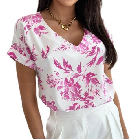 Women summer printed V-neck loose short-sleeved shirt 12