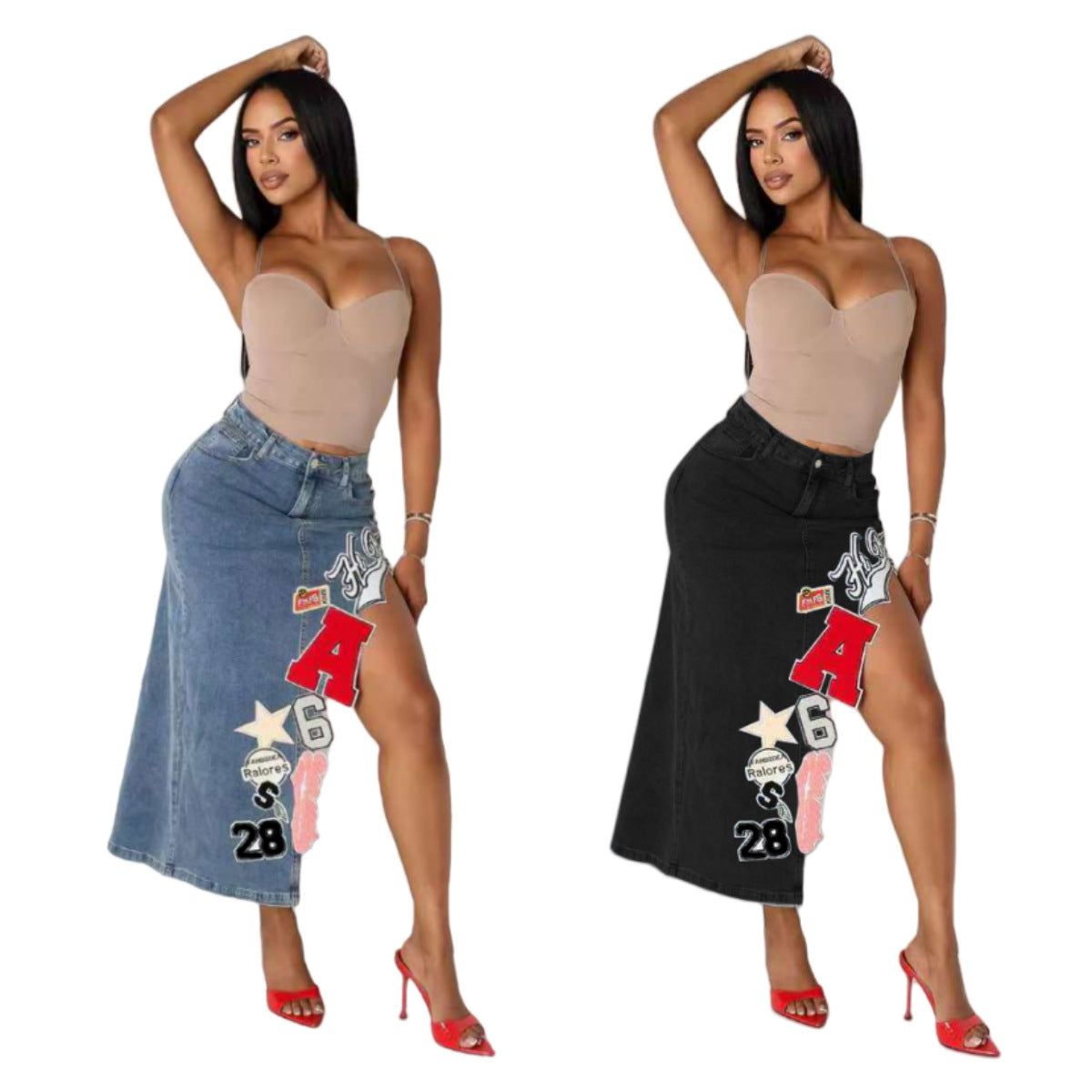 Stretch Letter Embroidered Seven-Part Denim Skirt 10