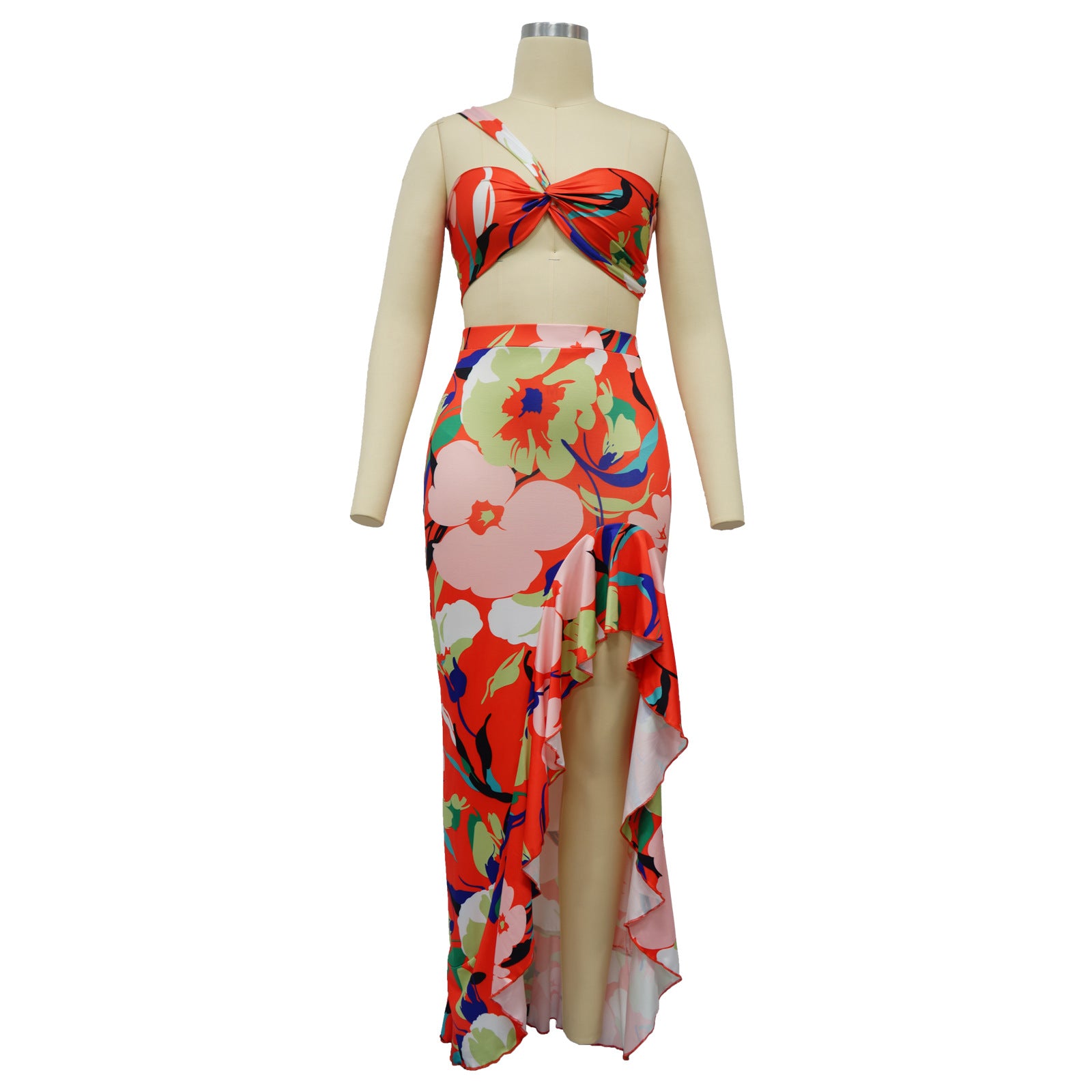 Women Summer Top and Ruffled Slit Skirt Two-piece Set 11