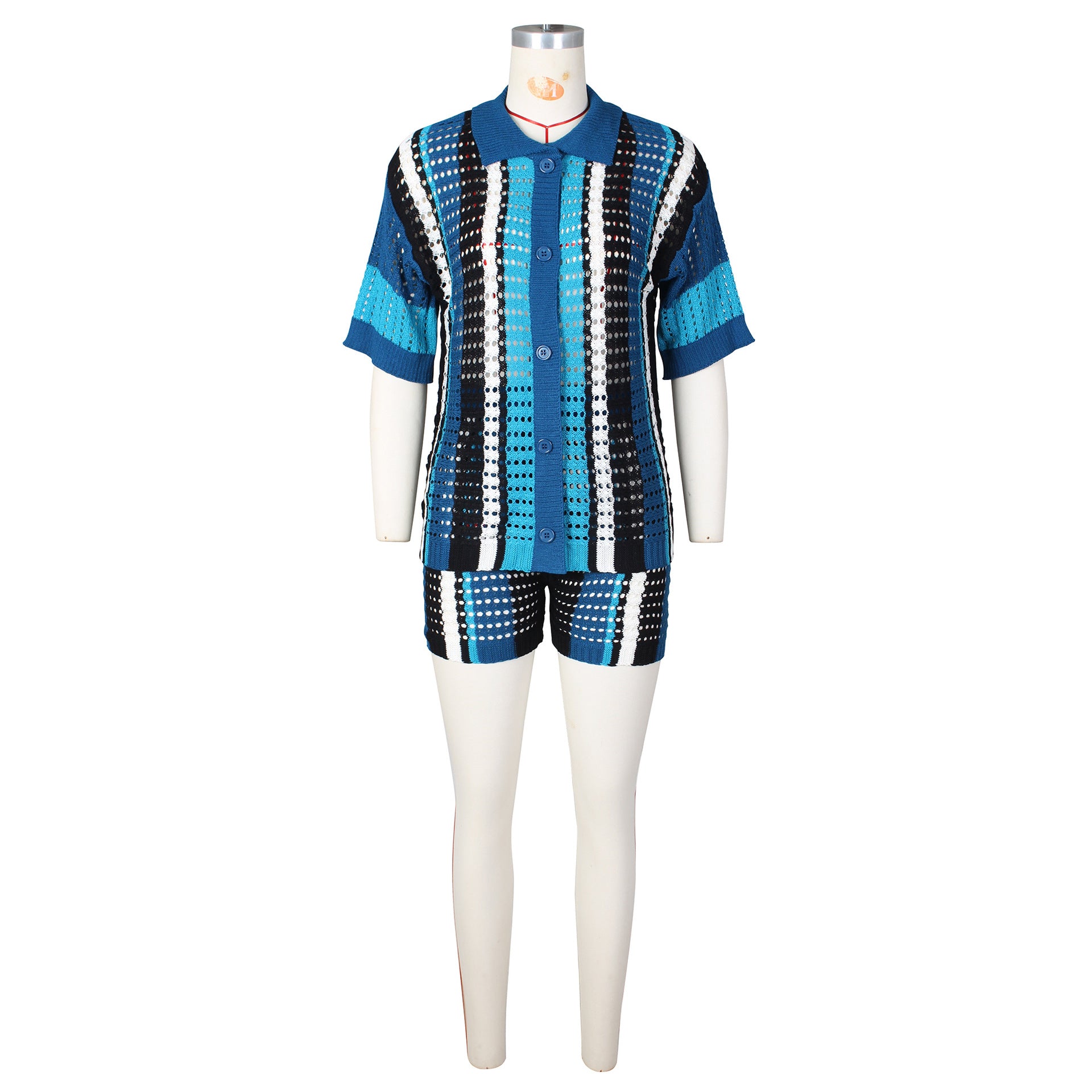 Women Sexy Cutout See-Through Contrasting Color Turndown Collar Top and Shorts Two-Piece Set 15