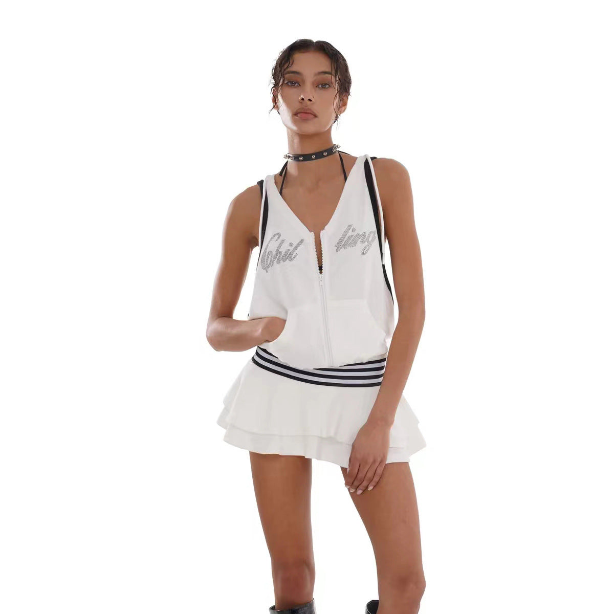 Strap Contrasting Colors Sports Sexy Sleeveless V-Neck Patchwork Pleated Short Dress 3