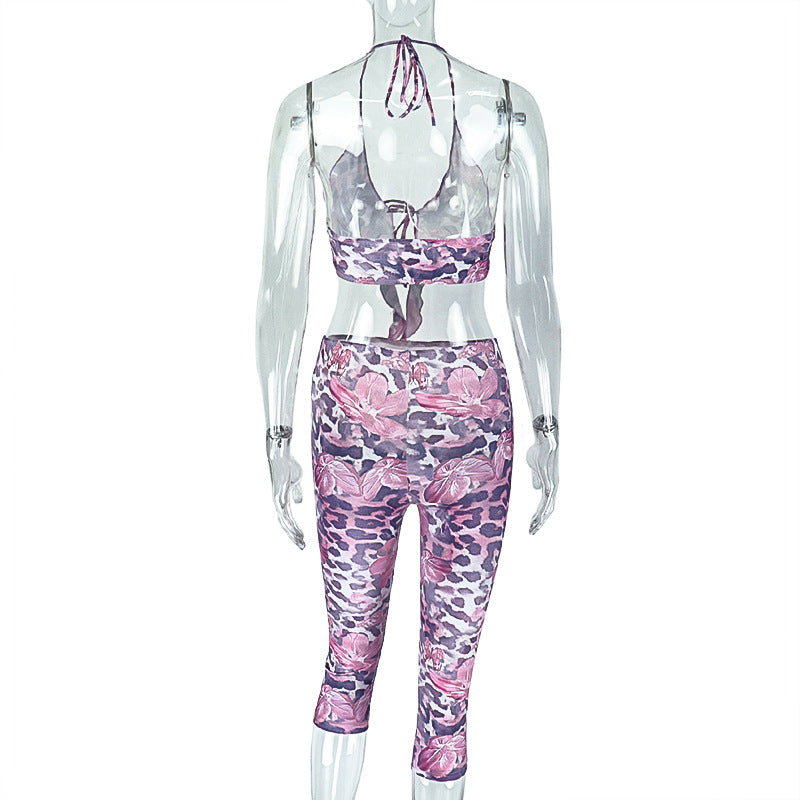 Women's Sexy Leopard Print Lace-up Low-Back Top & Tight Fitted Pants Set 6