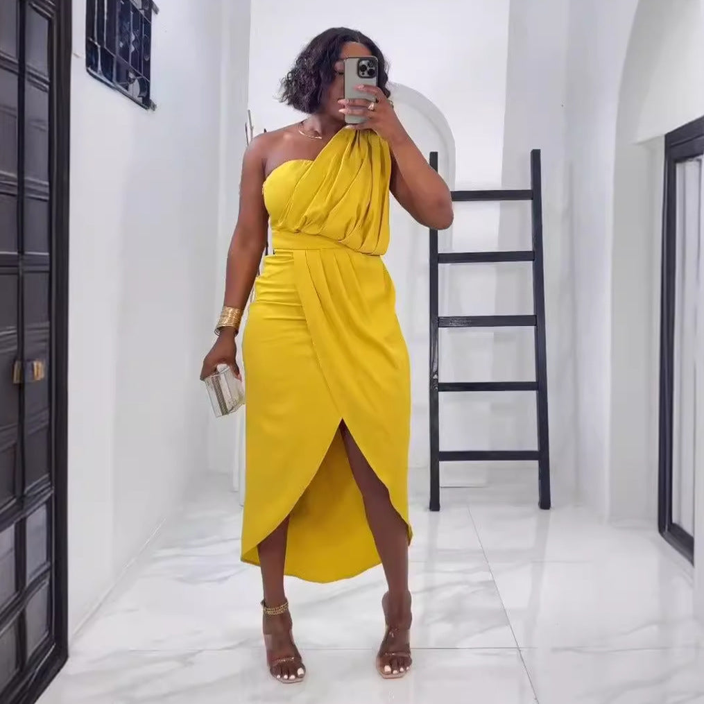 Women solid pleated strapless slit dress 4