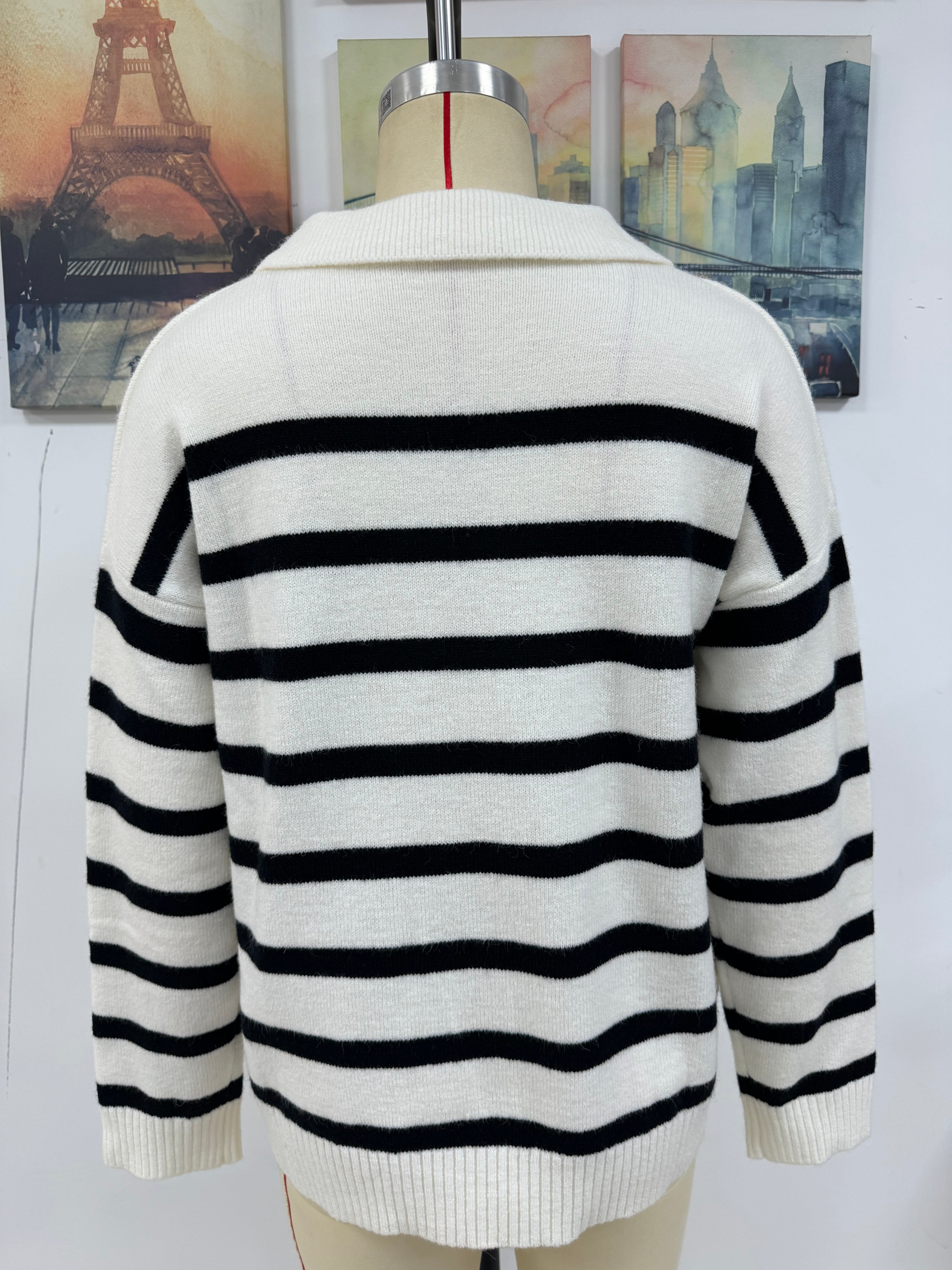 Autumn And Winter Women's Fashion Stripe Turndown Collar Loose Knitting Sweater 26