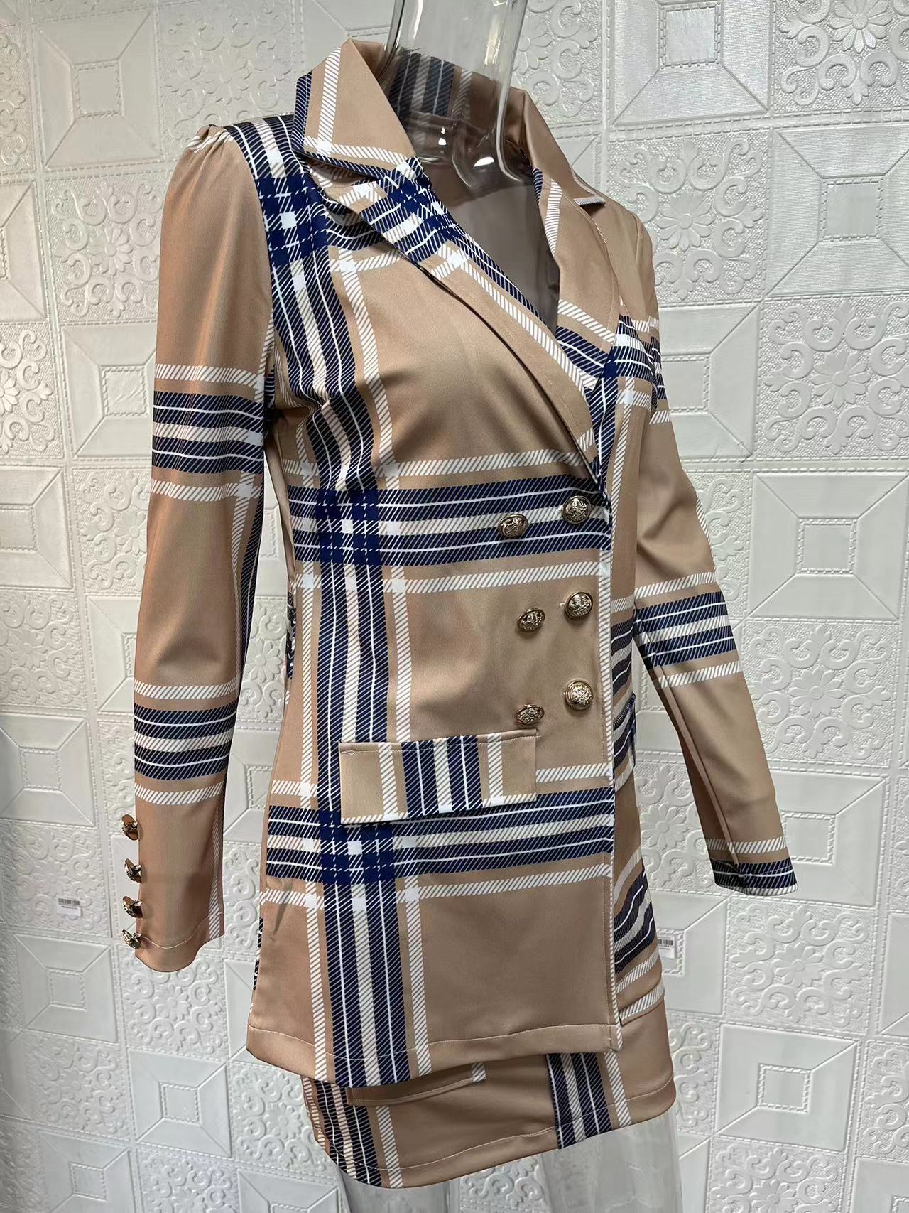 Women Printed Elegant Career Blazer and Print Skirt Two-Piece Set 42