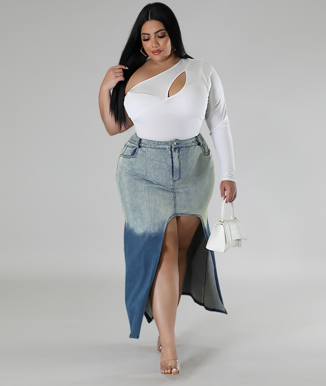 Plus Size Women Gradient Slit Denim Skirt