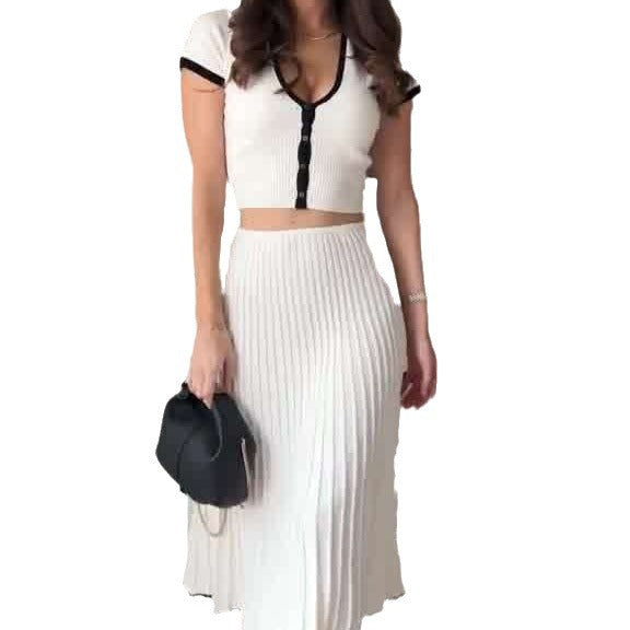 Women Summer Contrast Color Top And Skirt Two-piece Set 6