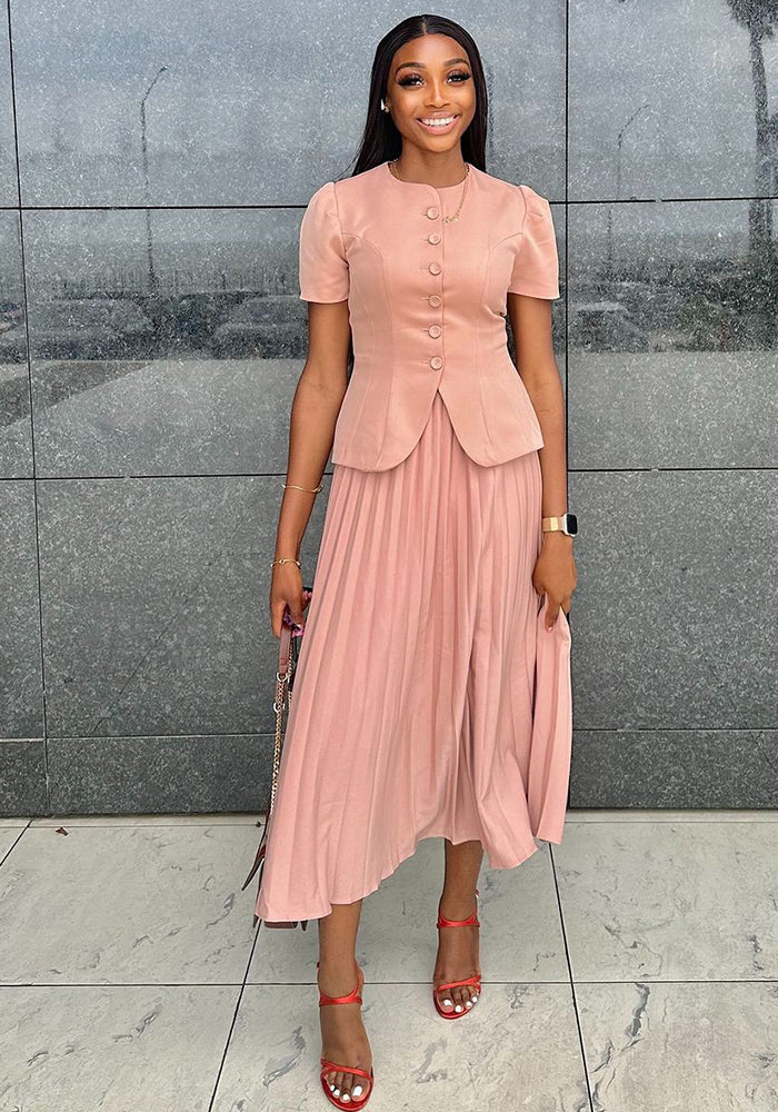 Autumn Career Women Button Short-Sleeved Top Pleated Skirt African Two-Piece Set