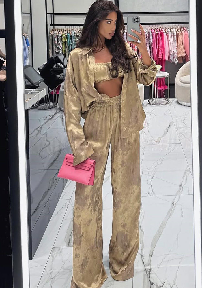 Summer Women's Fashion Turn-Down Collar Long-Sleeve Shirt & Strapless Wide-Leg Pants Three-Piece