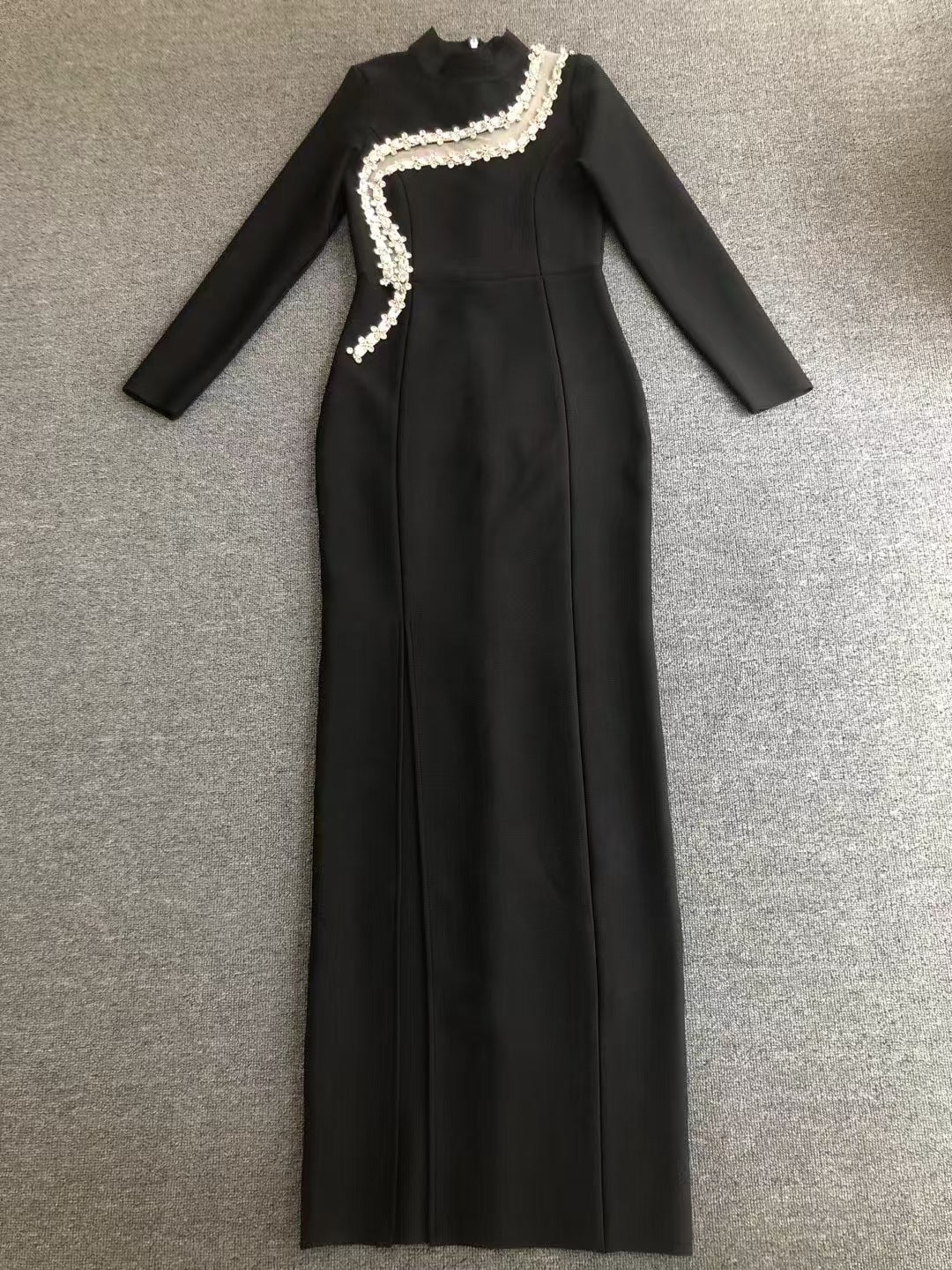 Women Black Elegant Mesh Diamond Split Dinner Long Sleeve Bandage Dress 7