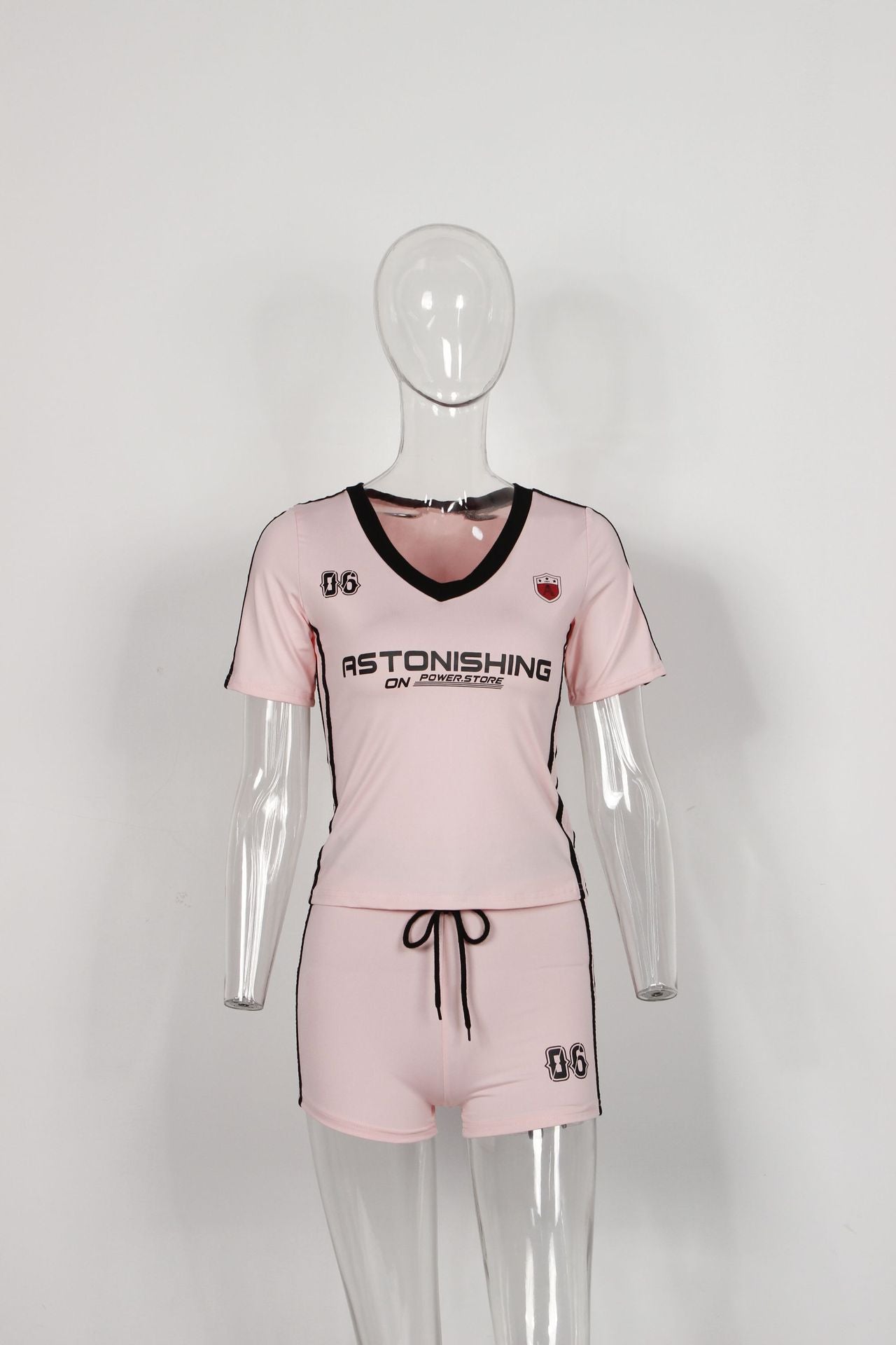 Women Spring Sexy Printed Short-sleeved V-neck Top And Lace-up Shorts Two Piece Set 17