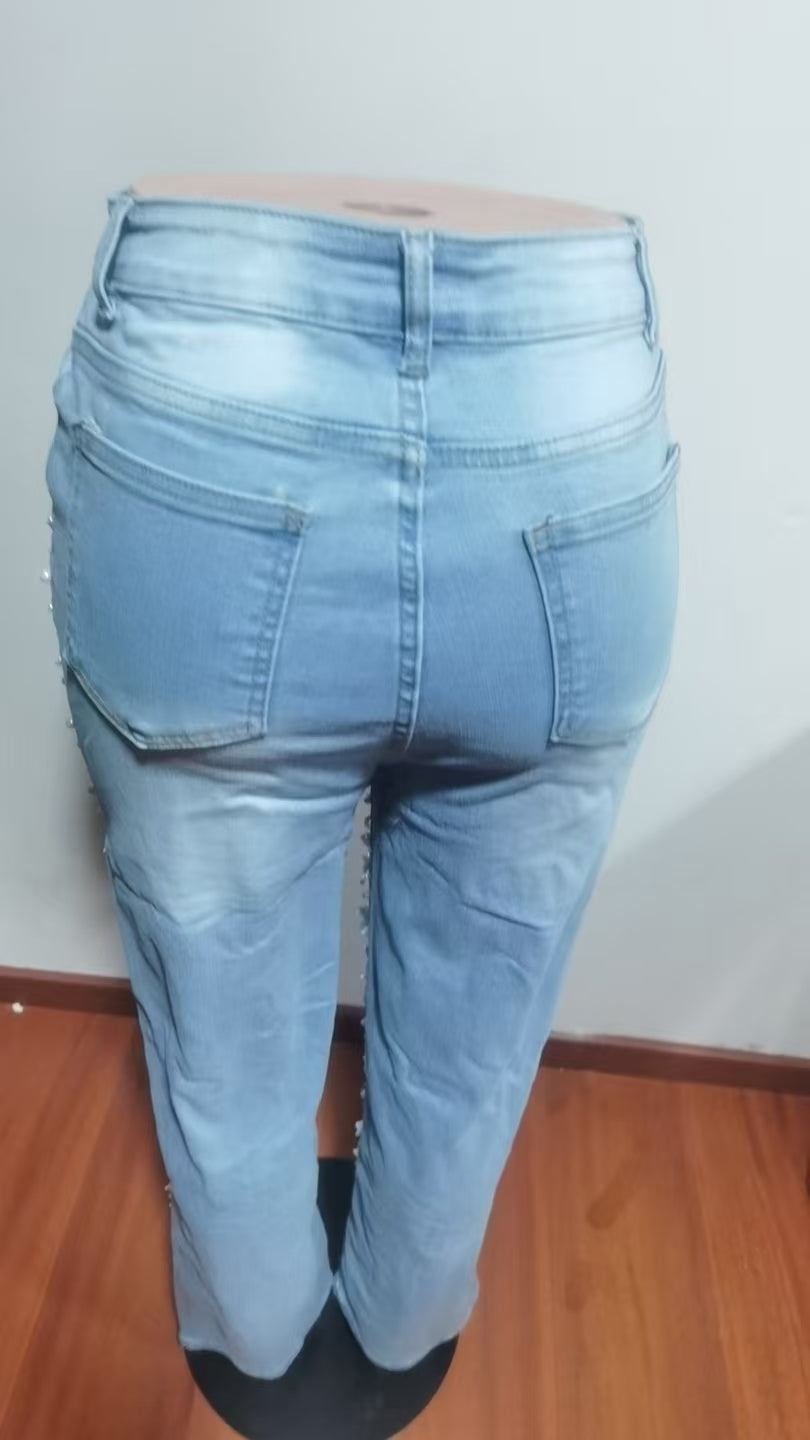 Women Summer Ripped Heavy Beaded Stretchy Denim Pants and Jacket Two-Piece Set 10