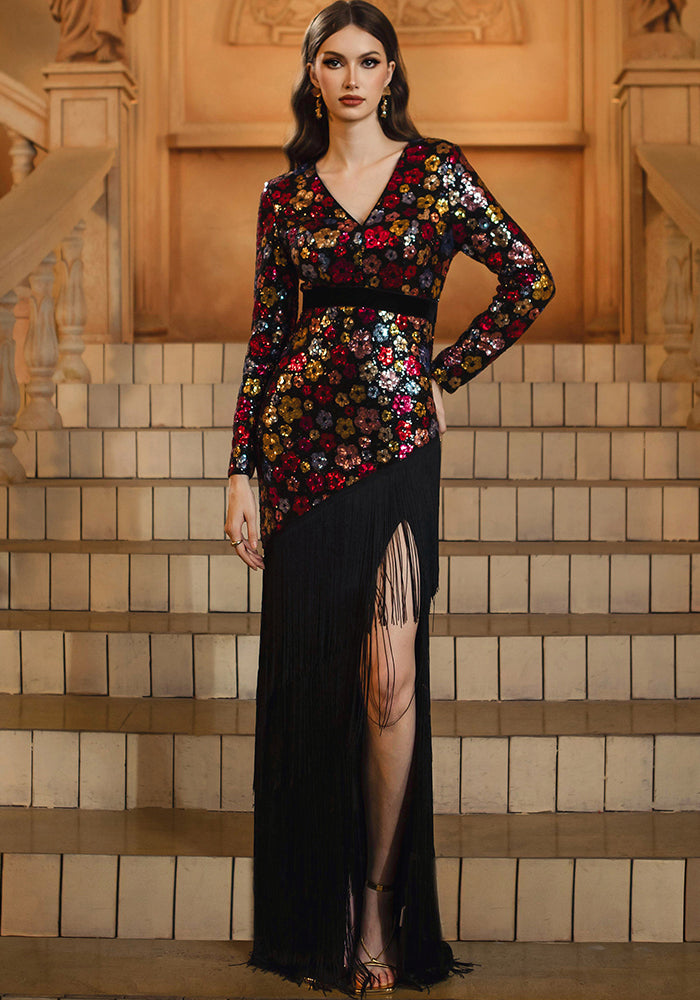 Women long-sleeved v-neck tassel sequins Formal Party fishtail evening dress