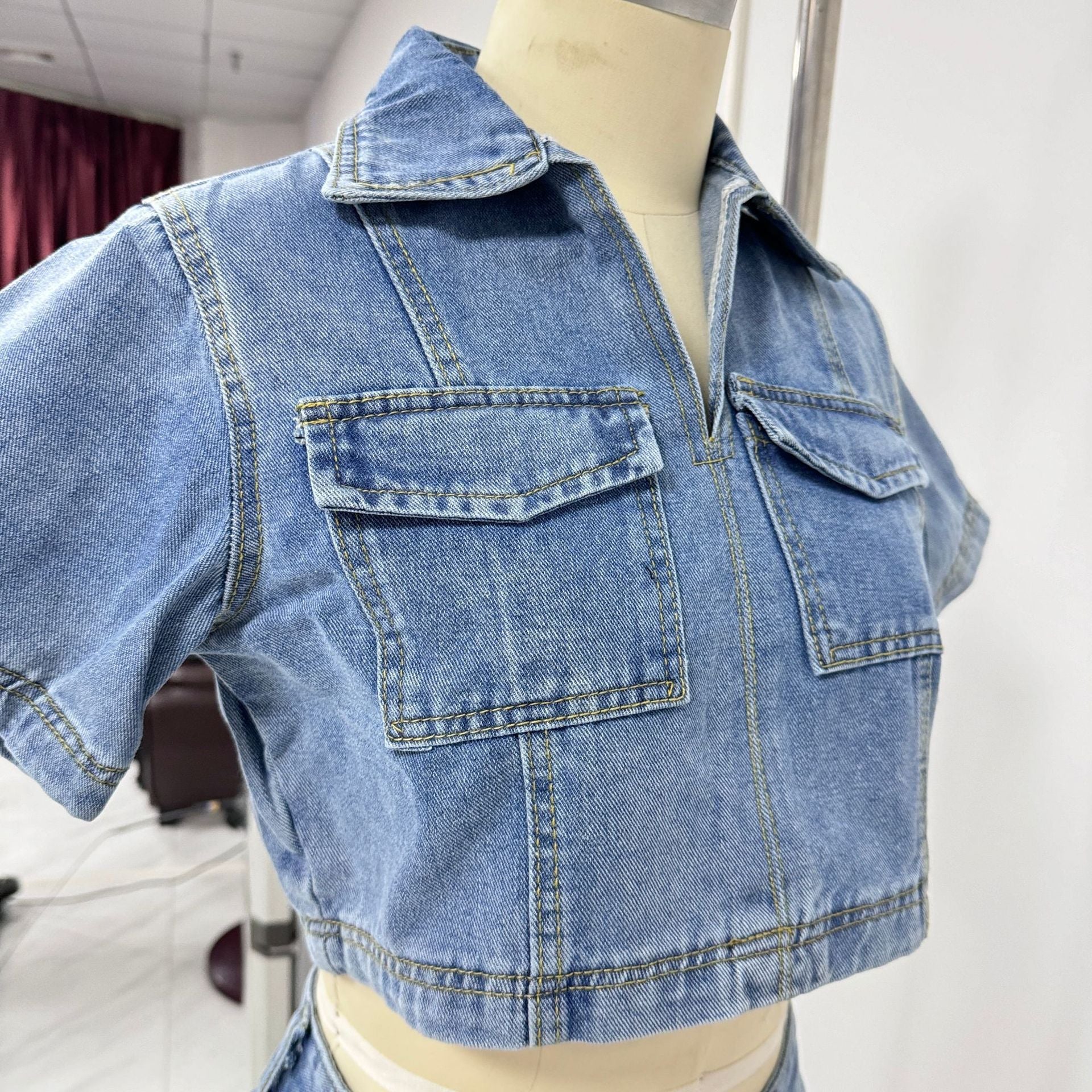 Summer V-Neck Top & High-Waist Denim Skort Set 11