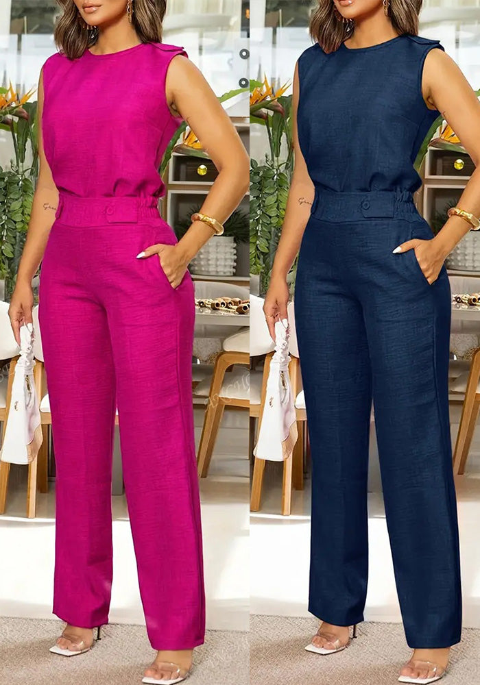 Women Casual Elegant Sleeveless Top and pocket button trousers two-piece set
