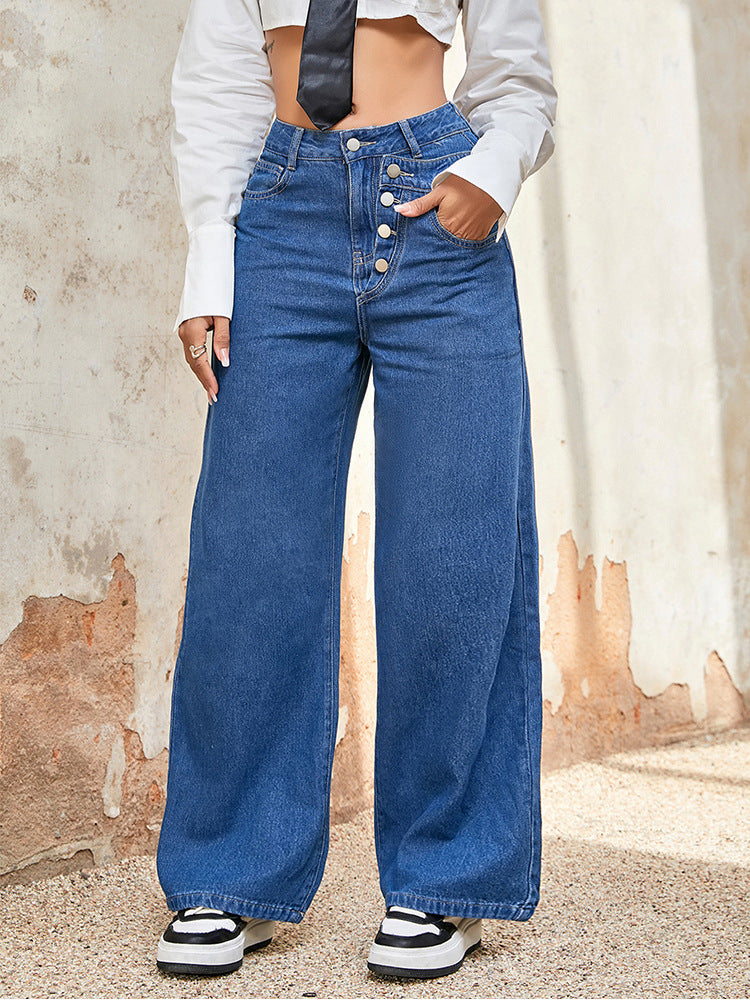 Autumn Loose Straight Leg High Waist Denim Pants Single Breasted Wide Leg Trousers 5