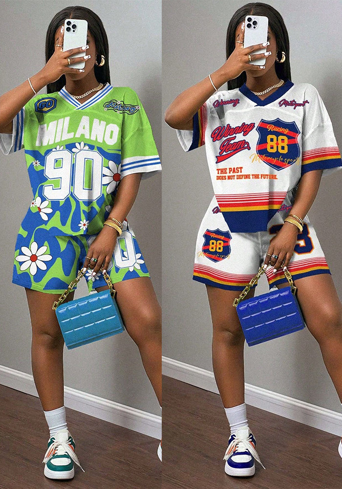 Letter Print Casual Fashion Shorts Basketball/Olive Ball Women’s Two Piece Shorts Set 8