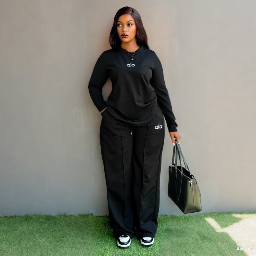 Women Fall/Winter Casual Long-Sleeved Top and Wide-Leg Pants Two-Piece Set