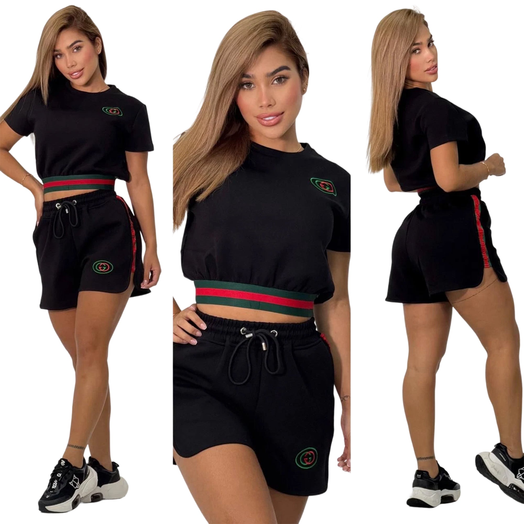 Women's Fashion Casual Cotton Trendy Embroidered Embossed Ribbon Short-Sleeved Shorts Set 14