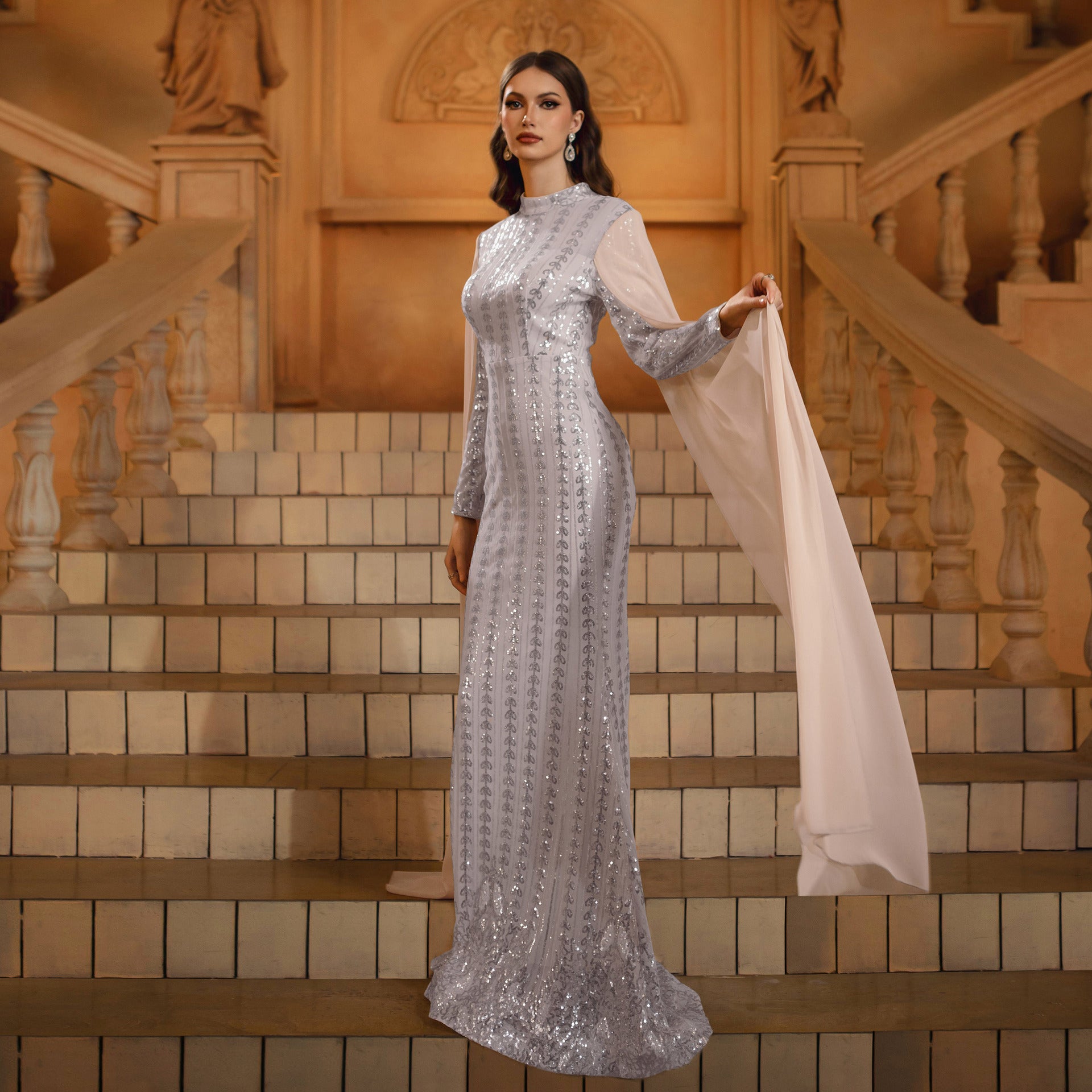 Women Long Sleeve Round Neck Bodycon Sequin Formal Party Fishtail Evening Dress 5