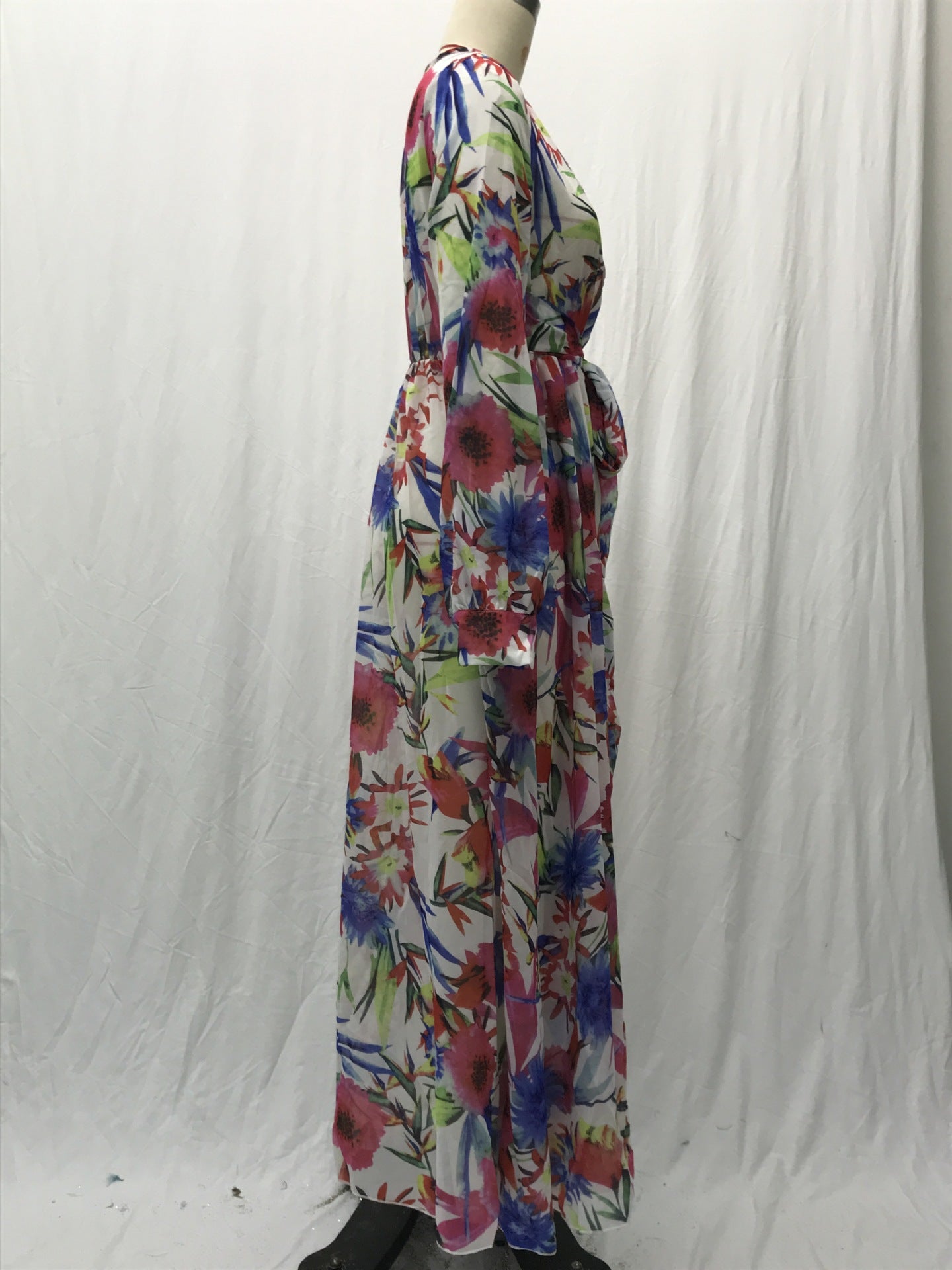 Summer Lantern Sleeve Sexy Deep V Neck Leaf Print Long Dress 15