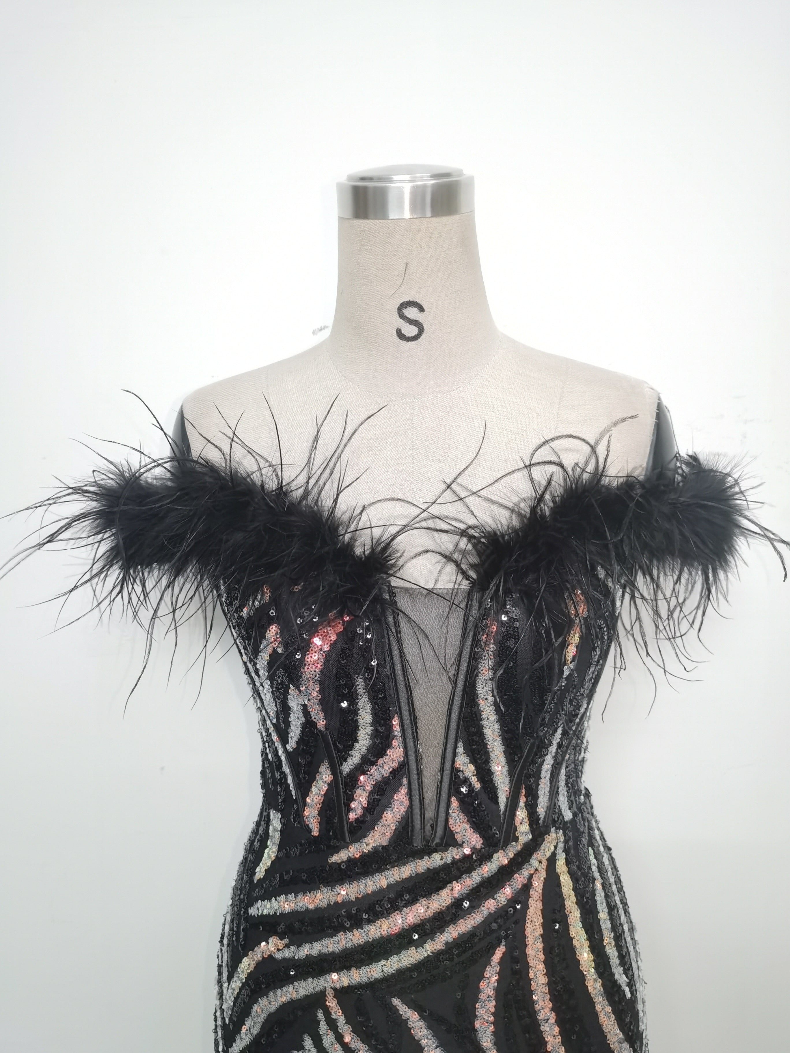 Fishbone Slim Waist Off Shoulder Feather Sequined Evening Dress 26