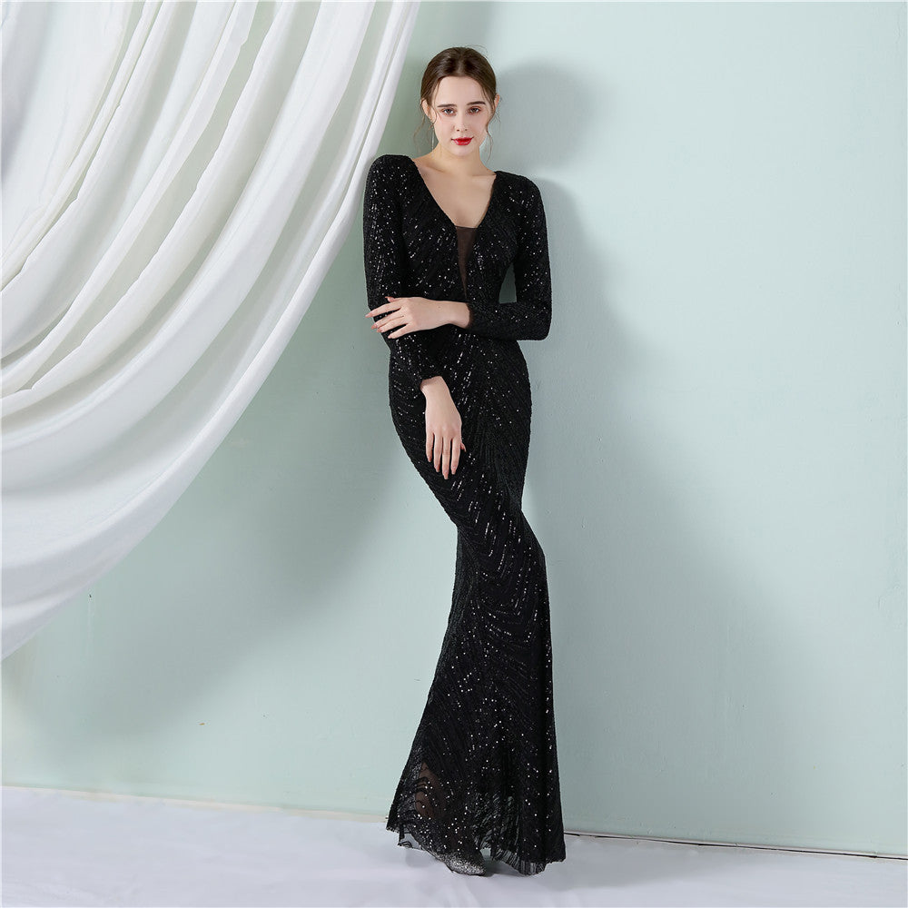 Sequin Evening Dress Women Formal Party Elegant Long-Sleeved Sequined Mermaid Evening Dress 8