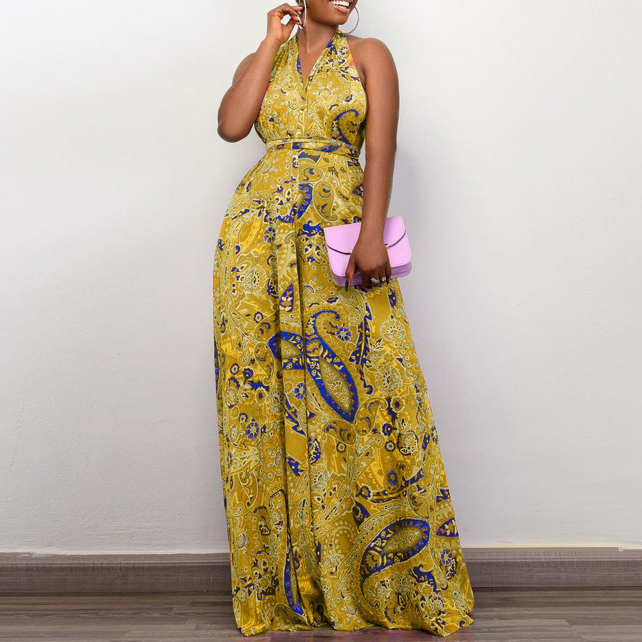 Plus Size Women African Print Halter Neck Beach Jumpsuit 4